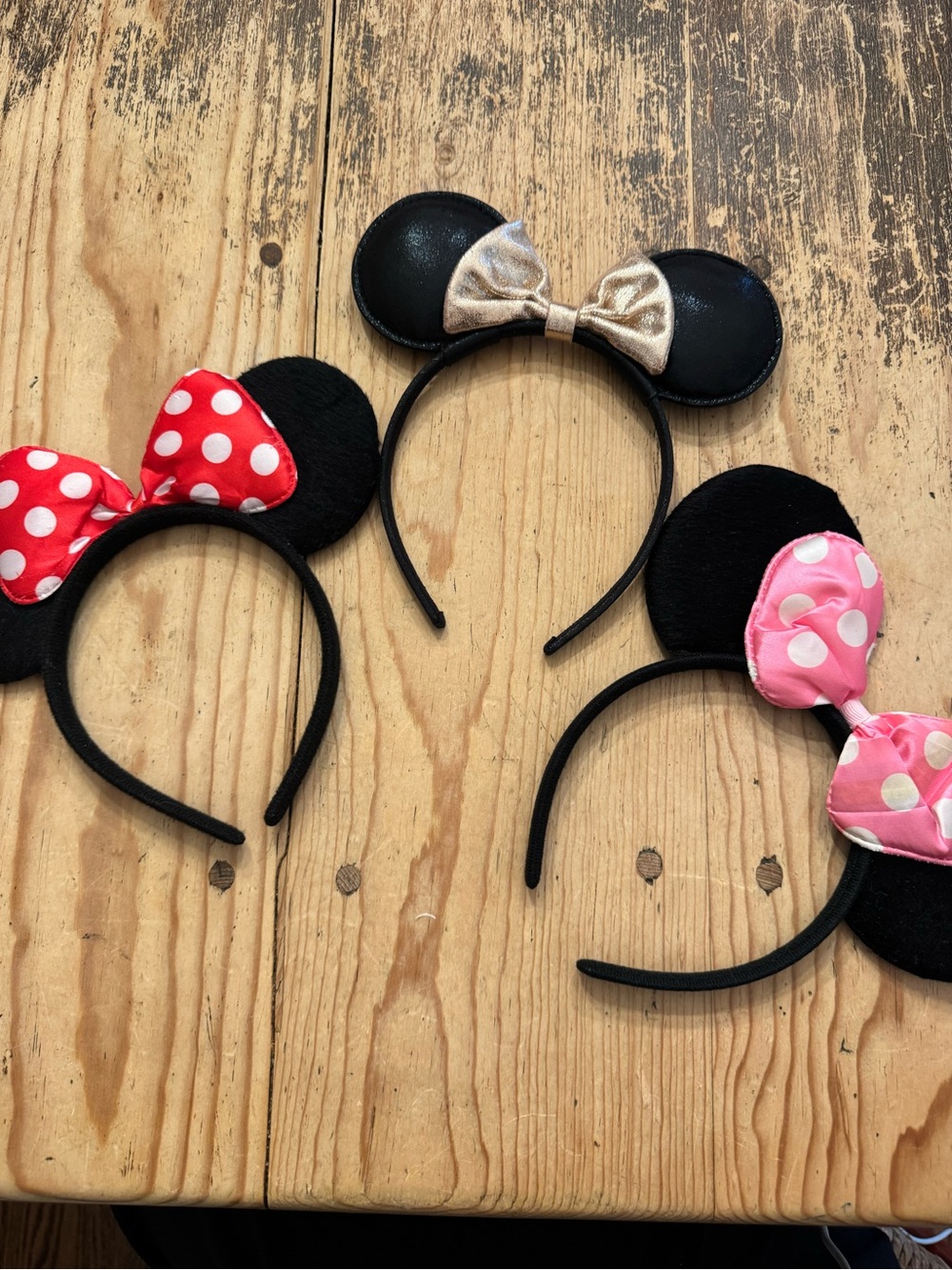 Girls Minnie Mouse Ear Headbands - Black with Red, Pink & Gold Bows set